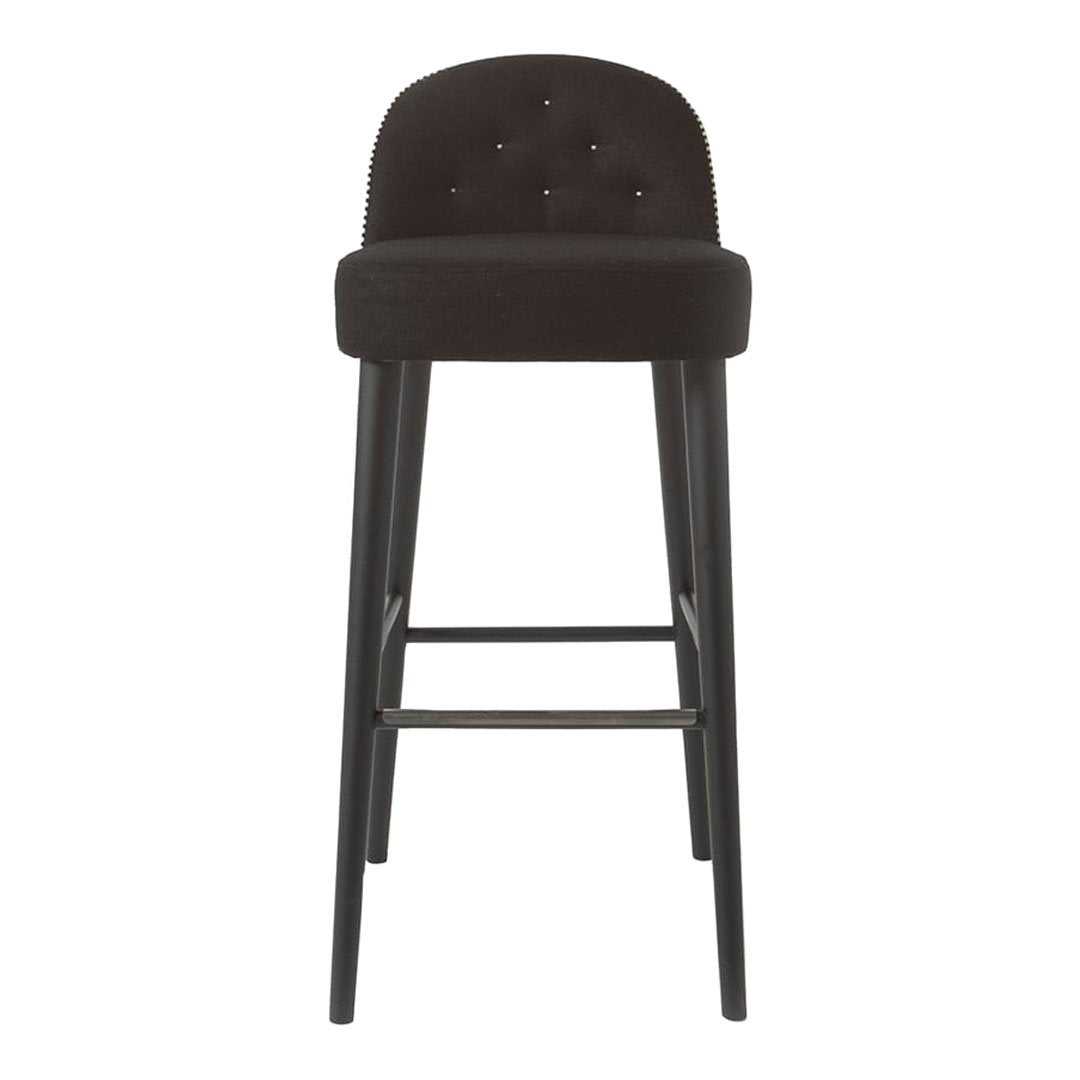 Black upholstered bar stool with tufted detailing and sleek black wooden legs. Elegant, modern design for any space.