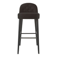 Black upholstered bar stool with tufted detailing and sleek black wooden legs. Elegant, modern design for any space.