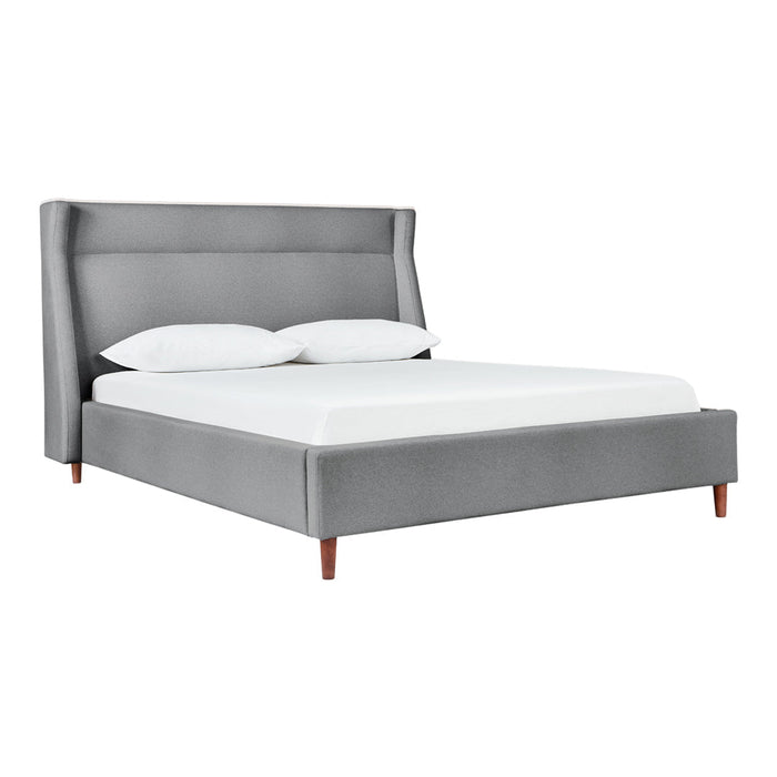 Light gray upholstered bed frame with a sleek, minimalist design and subtle wood legs, perfect for modern decor.