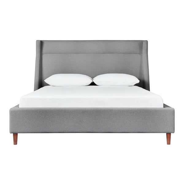 Gray upholstered bed frame with a sleek modern design and contrasting wood legs, featuring a minimalistic pattern.