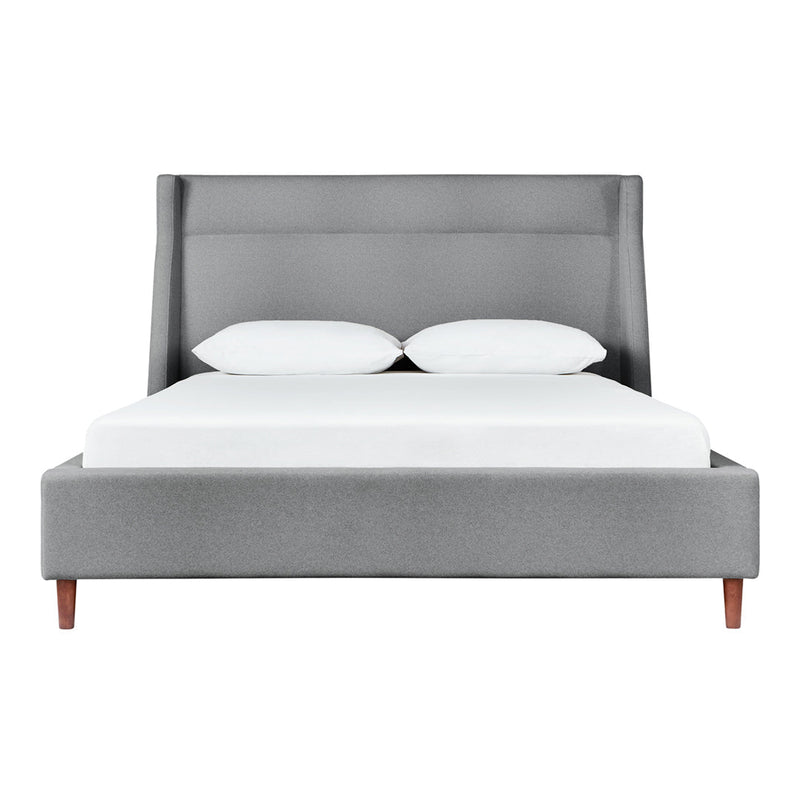 Gray upholstered bed frame with a sleek modern design and contrasting wood legs, featuring a minimalistic pattern.