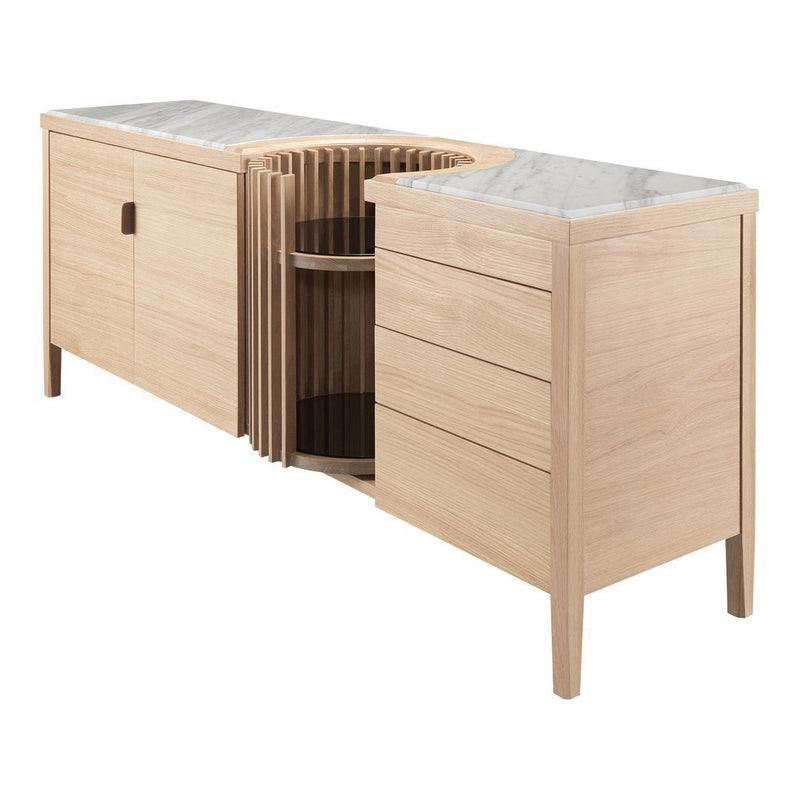 Light wood sideboard with a marble top and decorative curved wood pattern accents. Modern and sleek design.