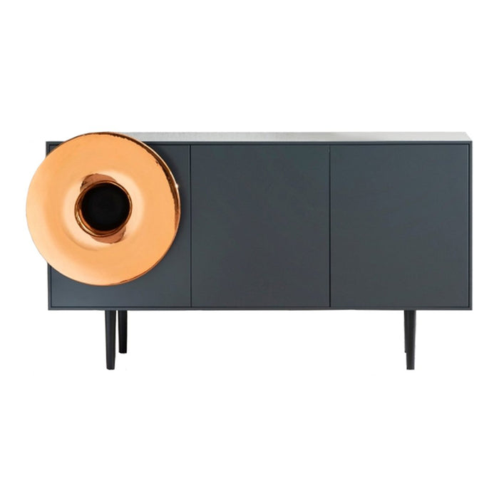 Modern grey sideboard with a glossy amber accent, featuring sleek lines and minimalist design. Perfect for contemporary decor.