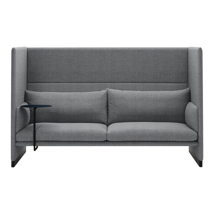 Gray upholstered sofa with clean lines and a minimalist design, featuring a sleek side table attachment.