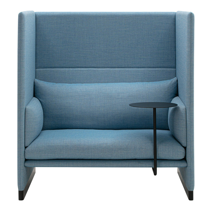 Blue upholstered accent chair with a sleek modern design and subtle textured pattern, featuring a side table attachment.
