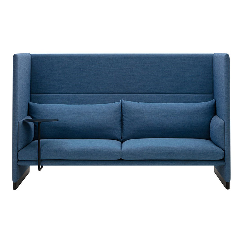 Blue upholstered two-seater sofa with modern design and sleek black accents for a contemporary touch.