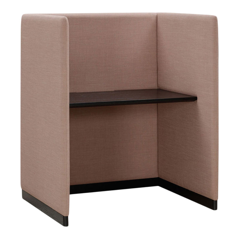 "Soft pink upholstered booth with a black wooden shelf, featuring a modern minimalist design."