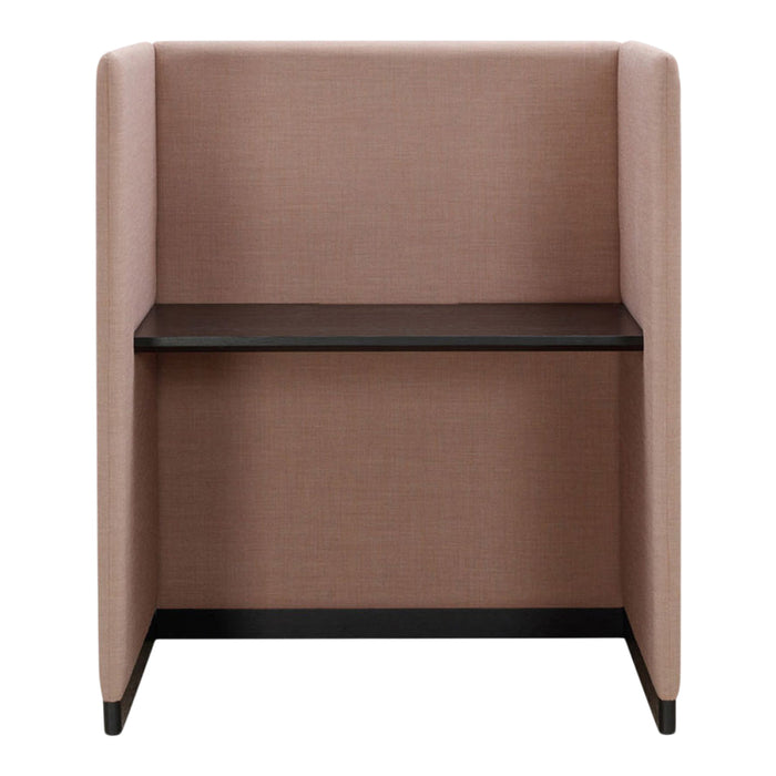 Pink upholstered booth with a sleek black shelf, modern minimalist design, and smooth, textured fabric.