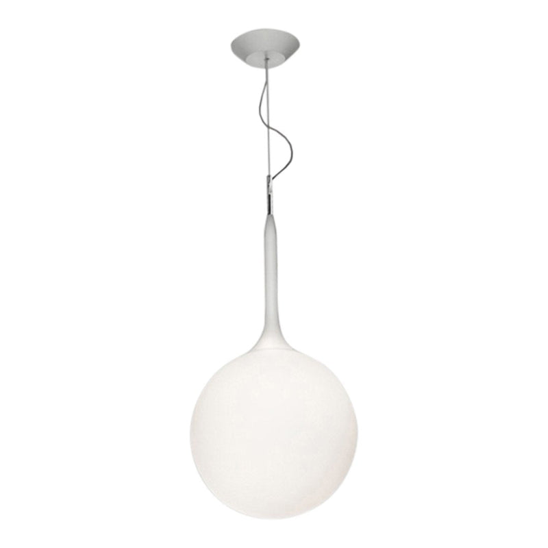 White globe pendant light with a sleek silver fixture and minimalistic design. Perfect for modern interiors.