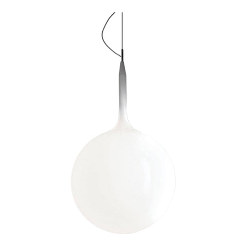 White globe pendant light with a sleek gradient design and silver accents, perfect for modern decor.