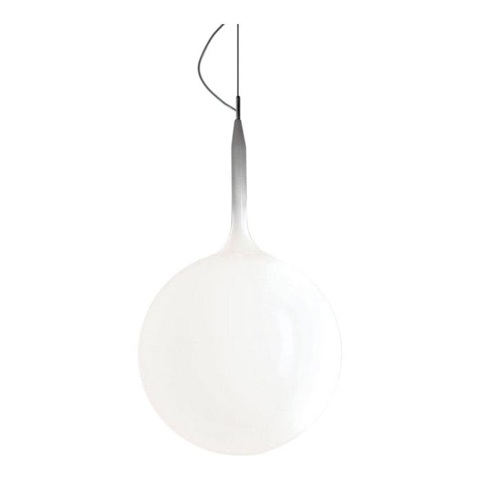 White globe pendant light with a sleek gradient design and silver accents, perfect for modern decor.