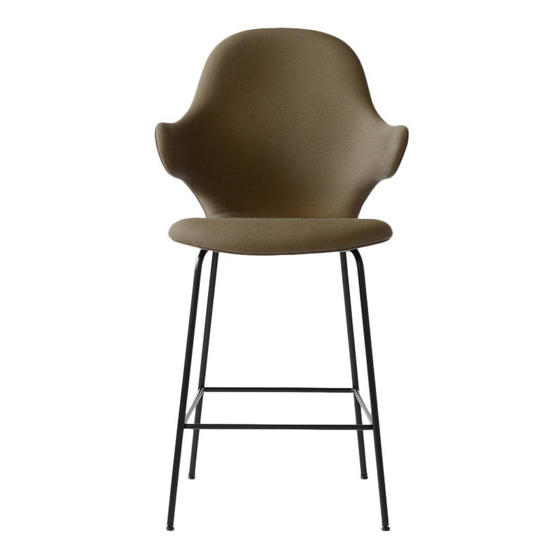 Olive green upholstered stool with a sleek black metal base and modern design, perfect for contemporary spaces.