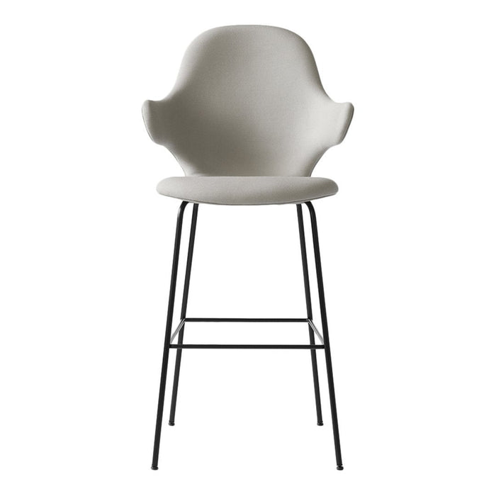 Gray upholstered bar stool with a minimalist design and black metal legs, perfect for modern decor.