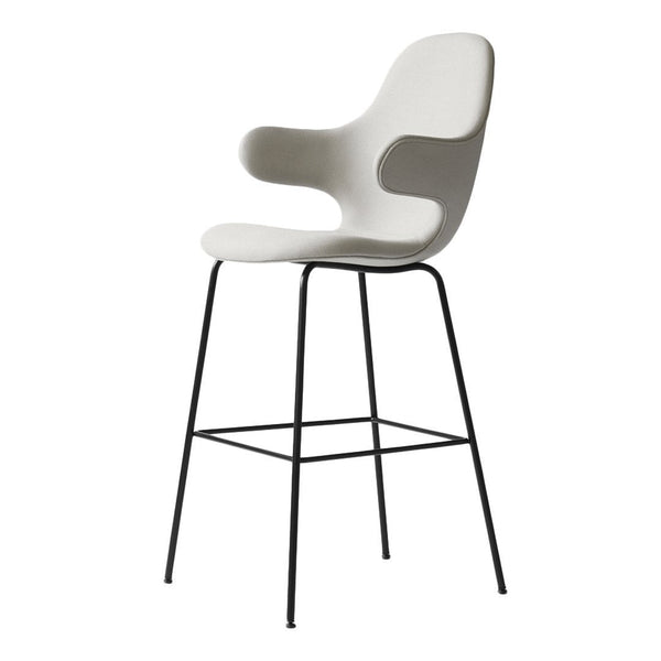 White modern bar chair with a sleek design and black metal legs, featuring smooth, curved contours.