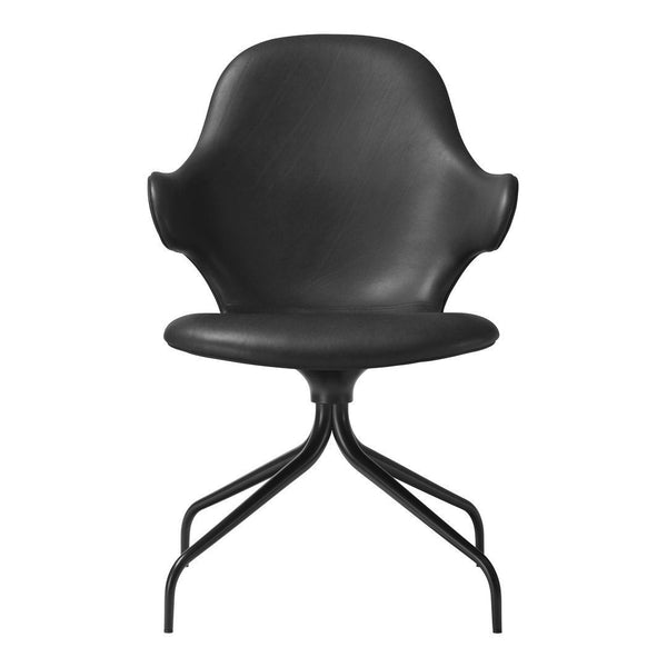 Sleek black leather chair with a minimalist design and a smooth, contoured pattern. Perfect for modern interiors.