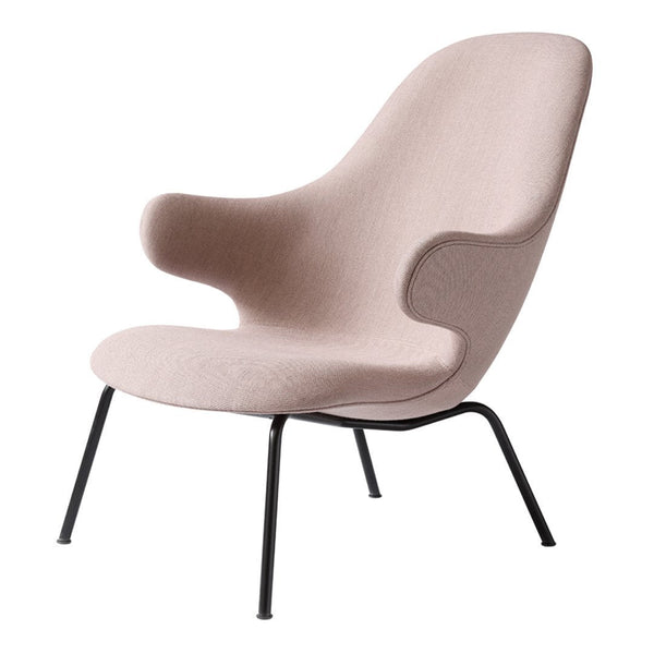 Blush pink upholstered chair with a smooth, minimalist design and sleek black metal legs.