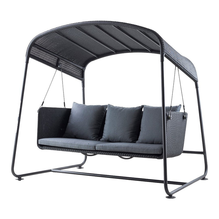 Stylish outdoor swing in sleek charcoal gray with smooth textures and plush, dark cushions for comfort.