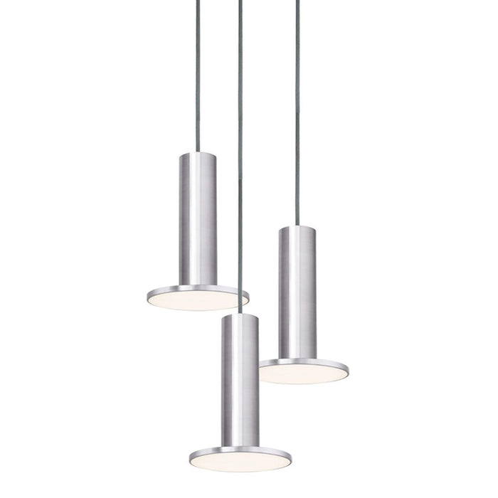 Silver pendant lights with sleek cylindrical design and smooth lamp shades, featuring a minimalist modern aesthetic.