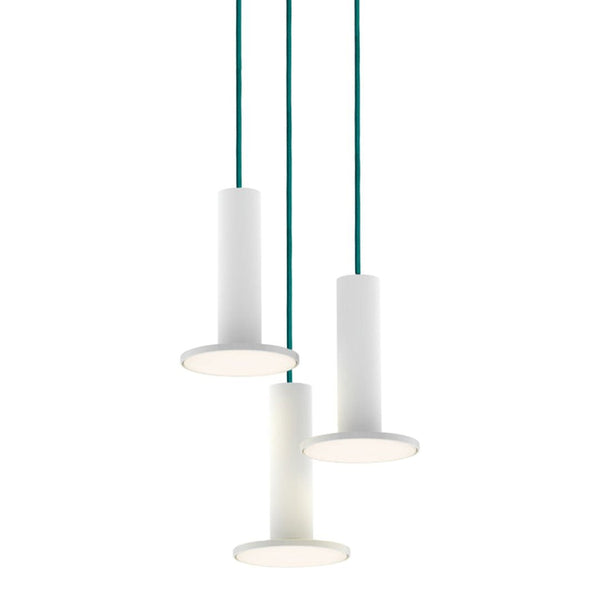 Three modern pendant lights in white with teal cords, featuring a minimalistic design and clean lines.