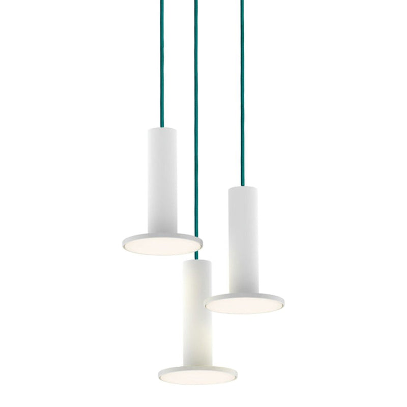 Three modern pendant lights in white with teal cords, featuring a minimalistic design and clean lines.