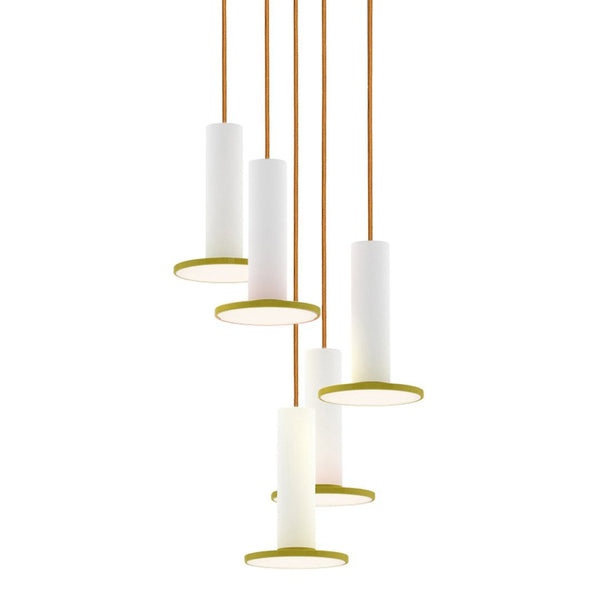 Modern pendant light in white with gold accents, featuring a sleek cylindrical design and warm copper hanging cables.