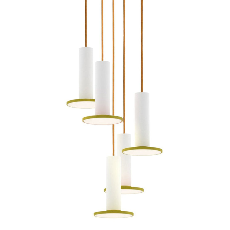 Modern pendant light in white with gold accents, featuring a sleek cylindrical design and warm copper hanging cables.