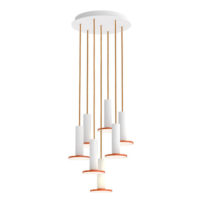 Modern pendant light featuring white cylindrical shades with orange accents and gold hanging rods. Stylish and contemporary design.