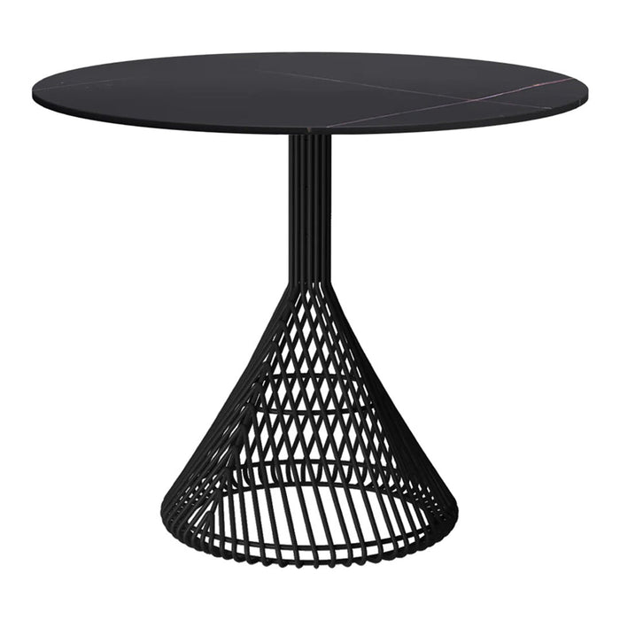 Black round table with a sleek, geometric wire base and smooth top, featuring a minimalist design.