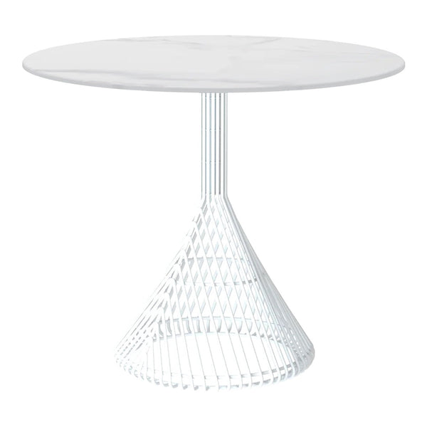 Modern round table with a white marble top and geometric white wire base, perfect for contemporary decor.
