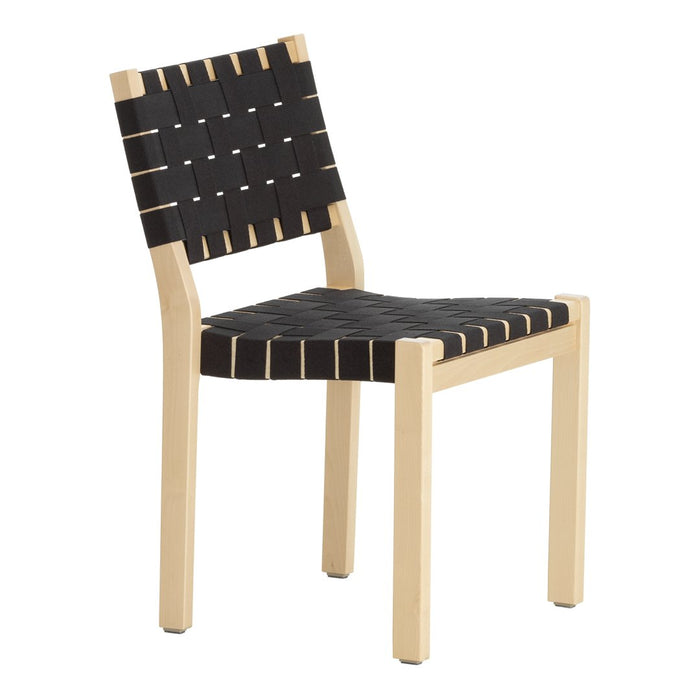 Black woven seat and backrest with light wood frame; minimalist design featuring contrasting patterns.