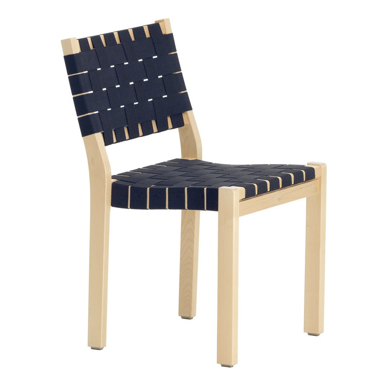 Navy blue woven seat and backrest with natural wood frame, featuring a modern, minimalist design.
