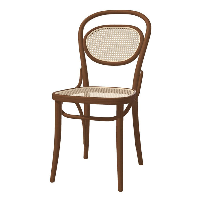 Brown wooden chair with a rattan seat and backrest, featuring a classic, minimalist design.