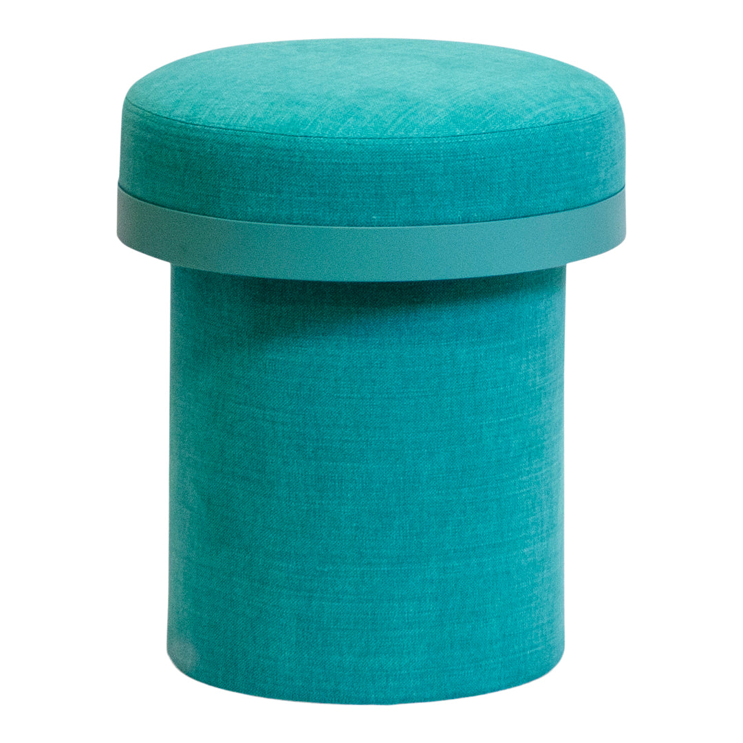 Teal round storage stool with a textured fabric finish and a smooth matching rim. Perfect for modern decor.