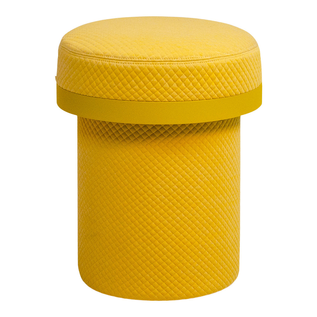 Yellow quilted storage stool with a smooth top, adding a vibrant pop of color and texture to any space.