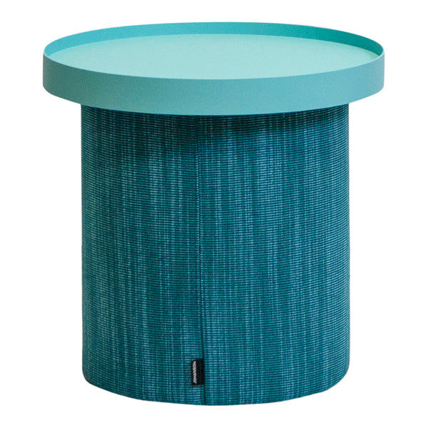 Aqua round side table with textured teal pattern and a solid light blue top. Perfect for modern decor.