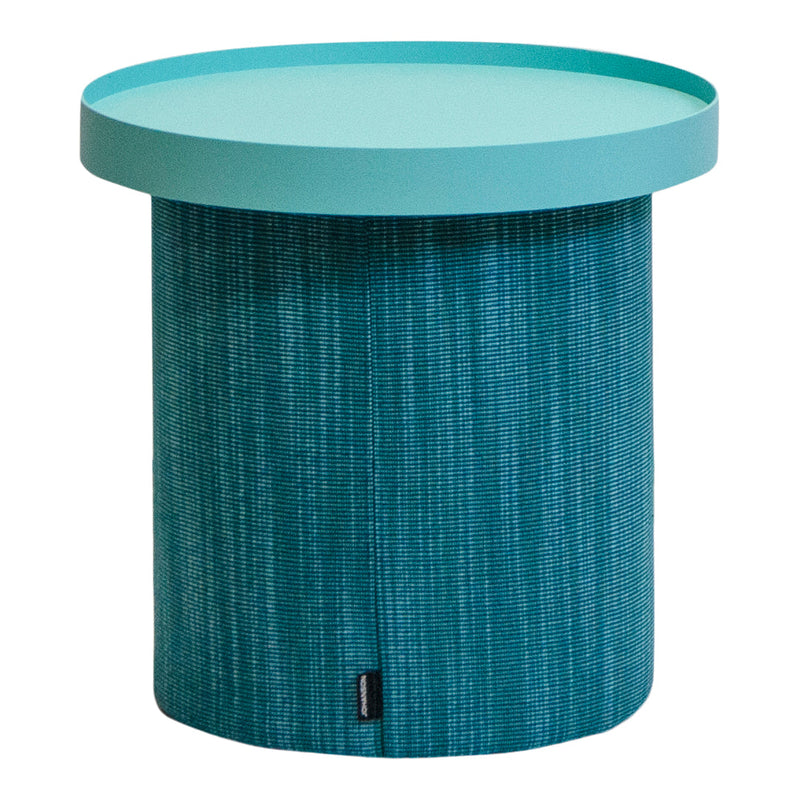 Aqua round side table with textured teal pattern and a solid light blue top. Perfect for modern decor.