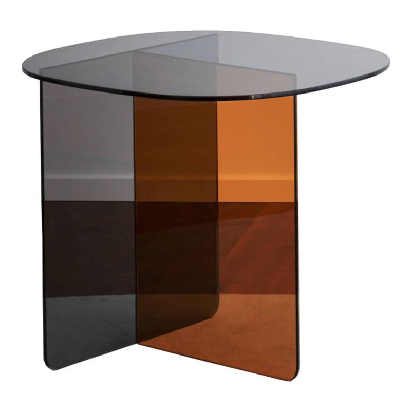 Round table with a sleek black glass top and striking amber and smoky gray glass base, featuring modern geometric patterns.