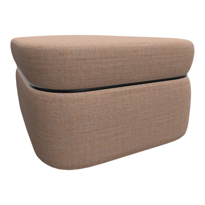 Beige textured ottoman with sleek black trim, perfect for modern home decor and versatile styling.