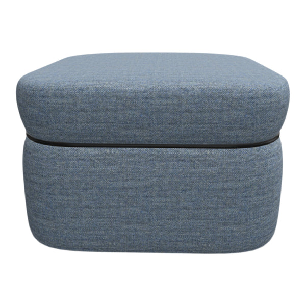 Blue upholstered ottoman with a textured fabric pattern and sleek, modern design. Ideal for contemporary interiors.