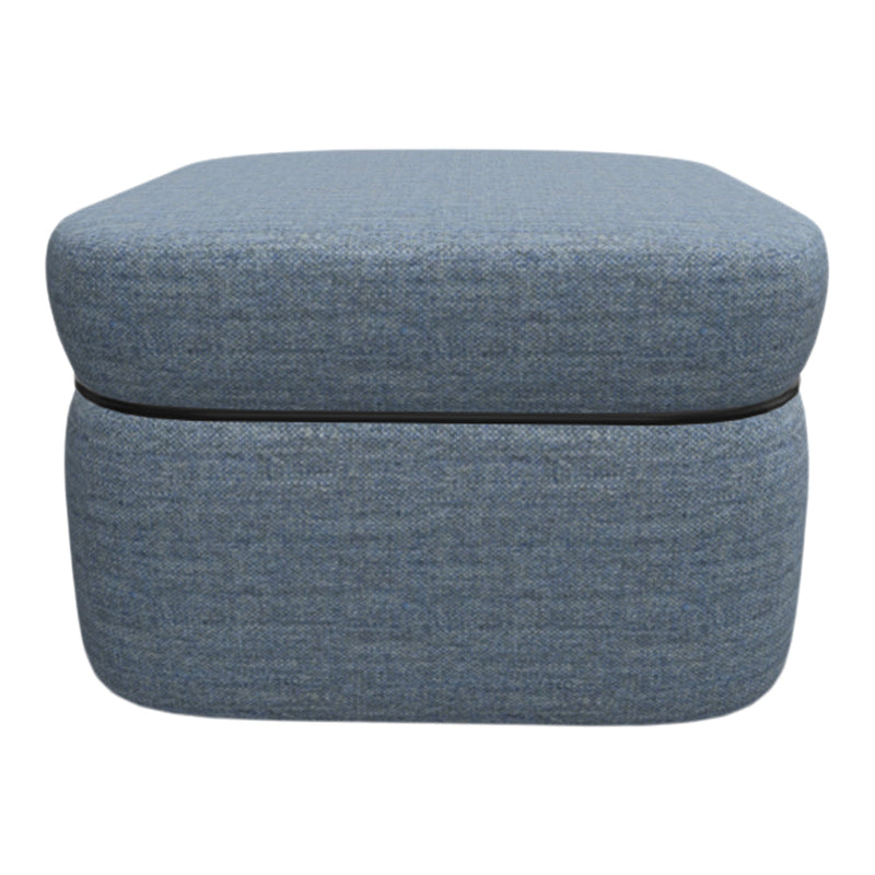 Blue upholstered ottoman with a textured fabric pattern and sleek, modern design. Ideal for contemporary interiors.
