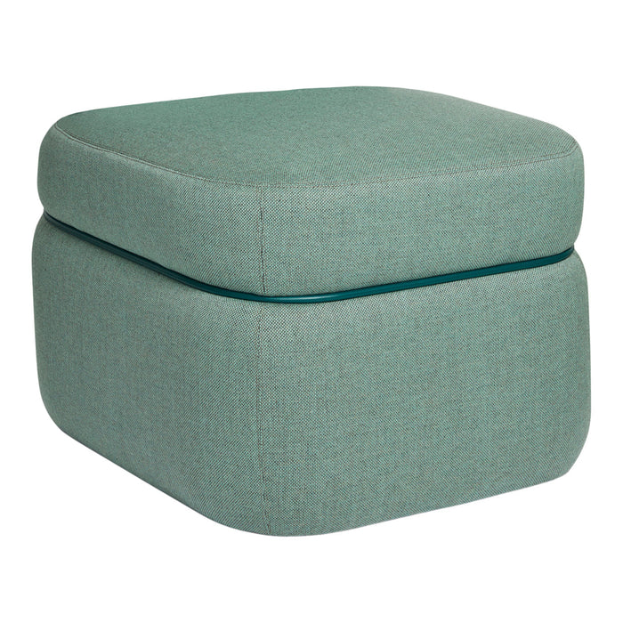 Green upholstered square pouf with textured pattern and contrasting teal zipper detail. Ideal for modern decor.