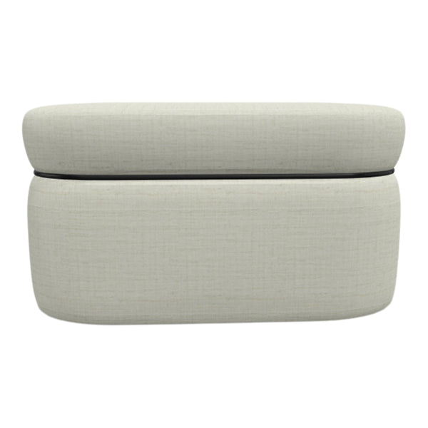 Light beige upholstered ottoman with subtle texture and a sleek black accent line.