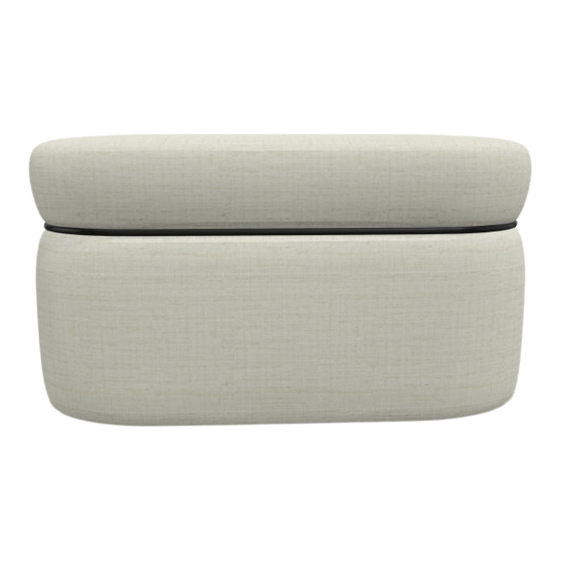 Light beige upholstered ottoman with subtle texture and a sleek black accent line.