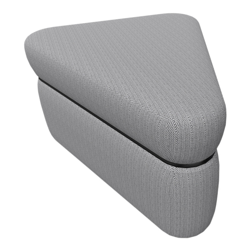 Gray textured triangle ottoman with a subtle woven pattern and sleek black trim. Perfect for modern decor.