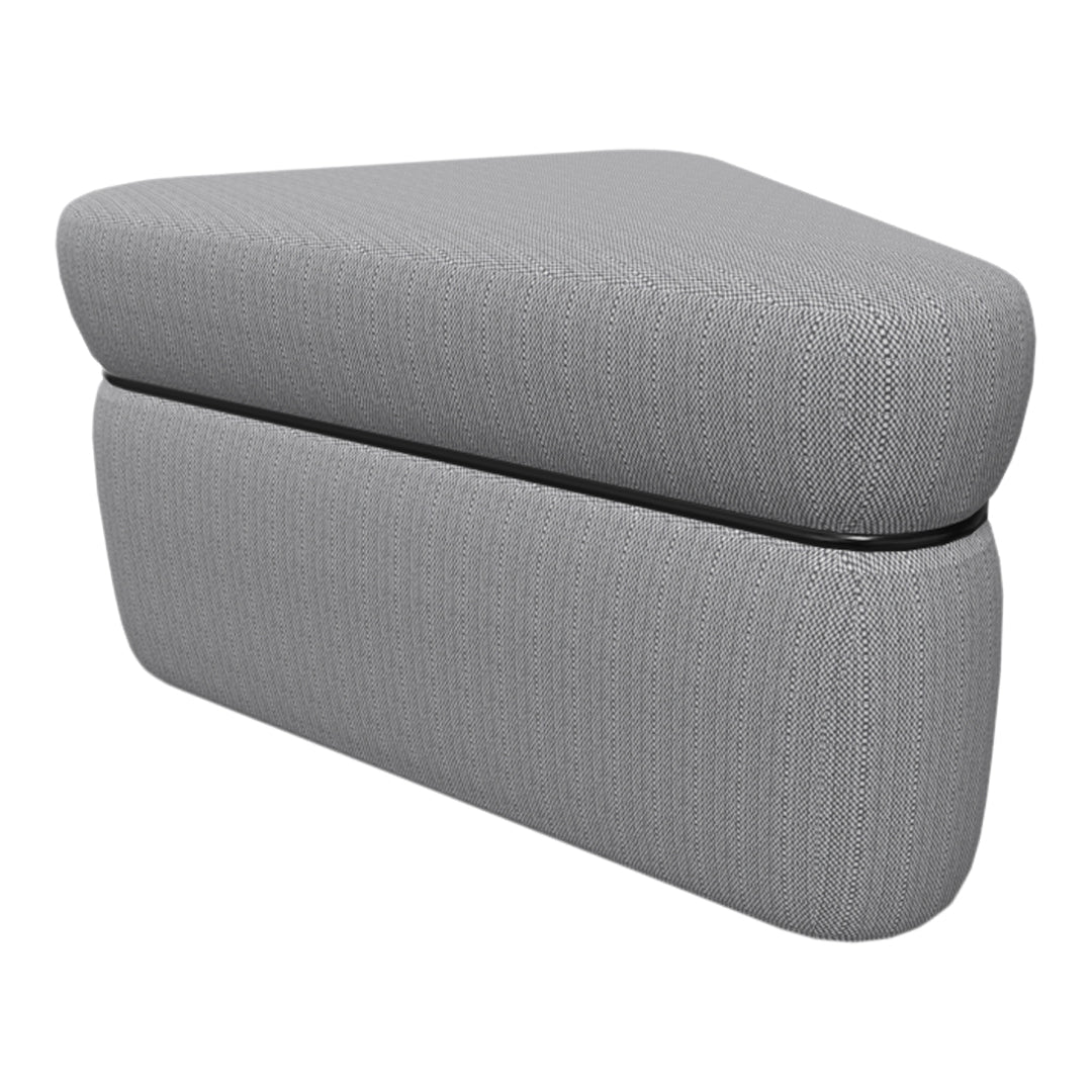 Gray textured fabric ottoman with a modern triangular shape and subtle woven pattern.