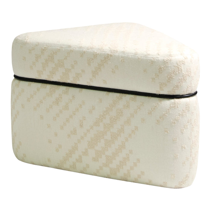 Beige triangular ottoman with subtle patterned texture and black trim detail. Perfect for modern decor.
