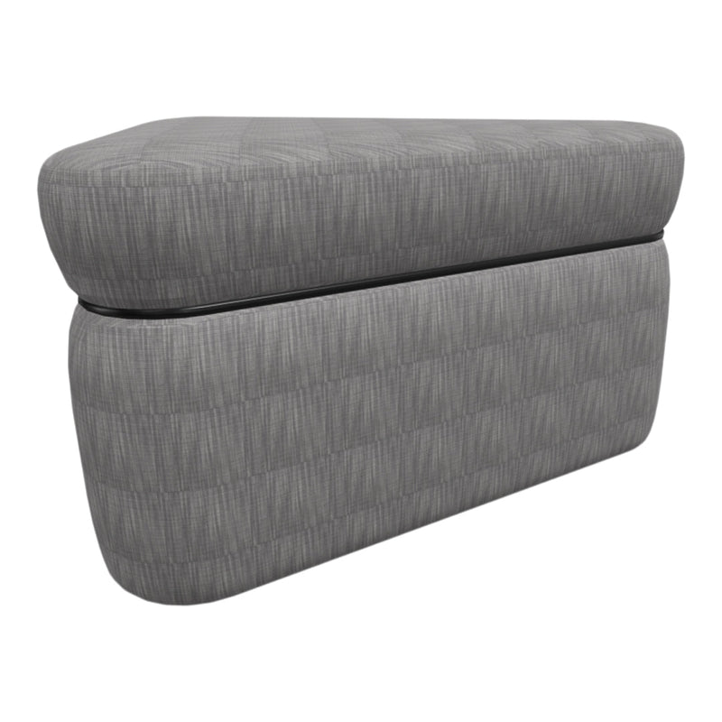 Gray upholstered storage ottoman with a sleek, modern textured pattern. Ideal for contemporary interiors.