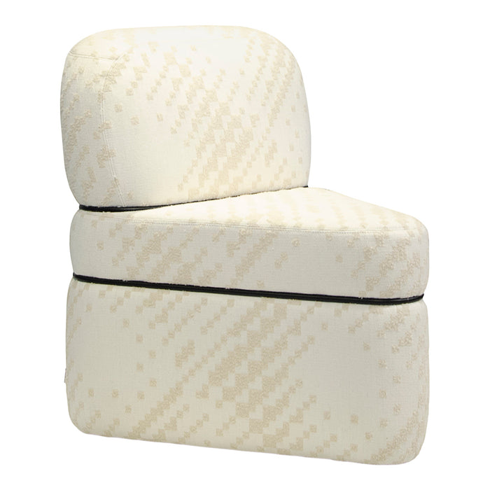 Cream upholstery with subtle beige geometric patterns and black piping accents. Ideal for modern decor.