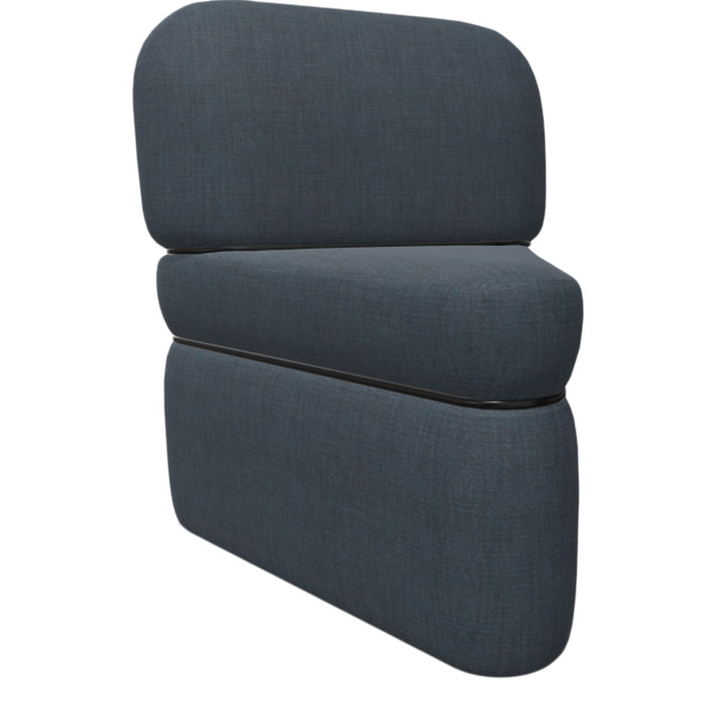 Dark blue upholstered modern chair with a sleek, minimalist design and subtle textured pattern.