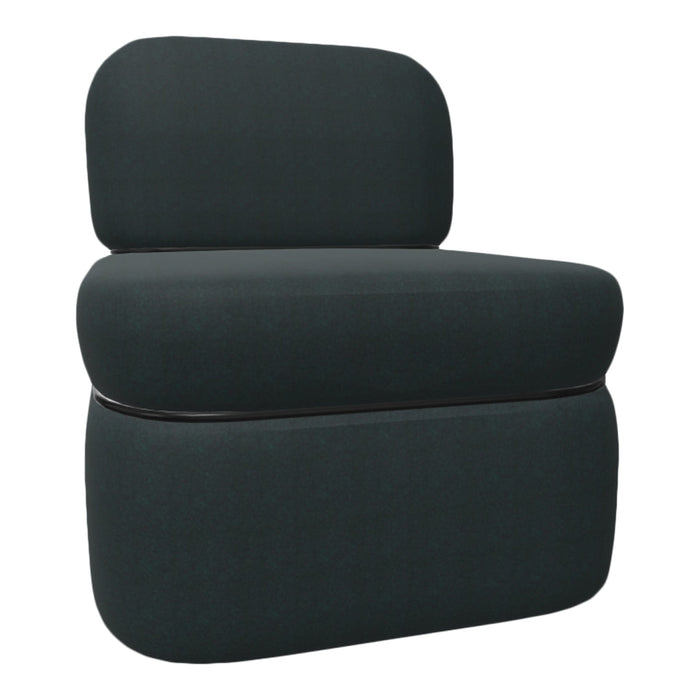 Dark green upholstered chair with a sleek, minimalist design and smooth, textured fabric. Perfect for modern interiors.